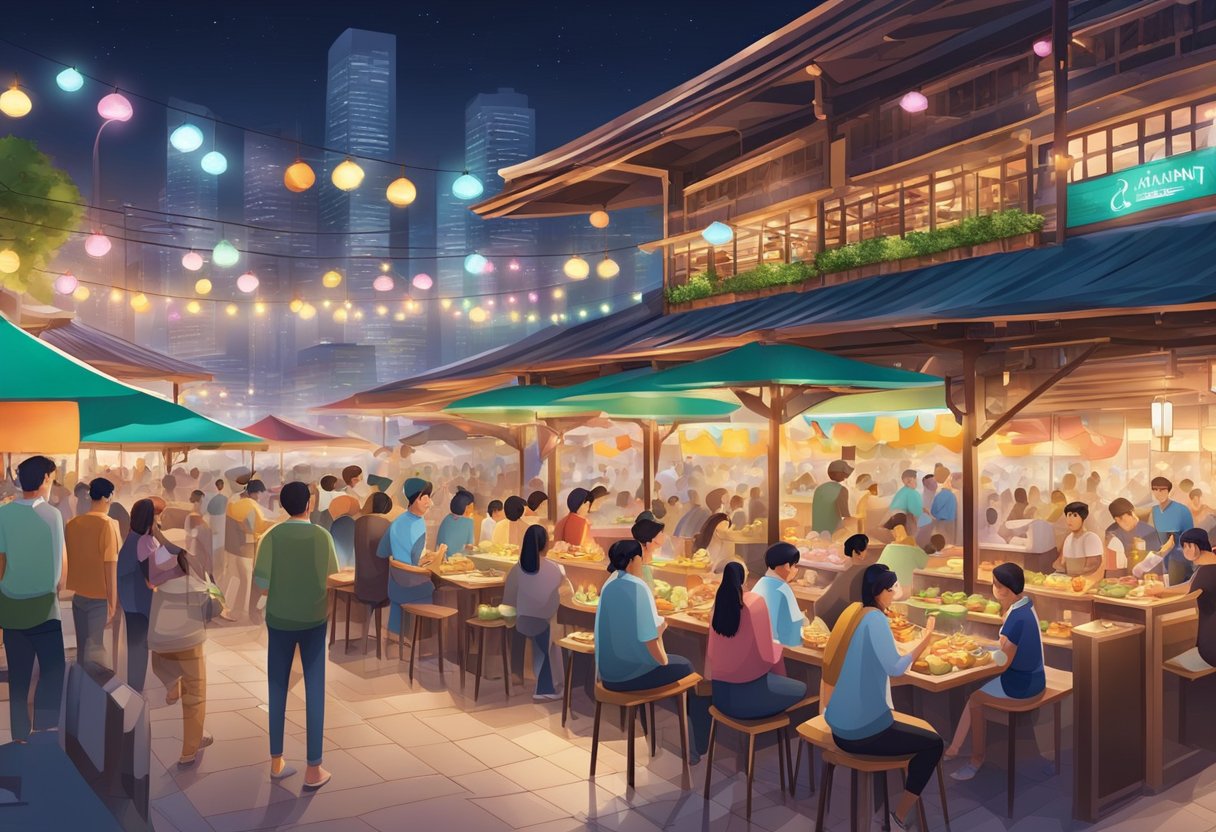A bustling hawker center with colorful food stalls and bustling crowds, surrounded by modern restaurants with outdoor dining areas and twinkling city lights