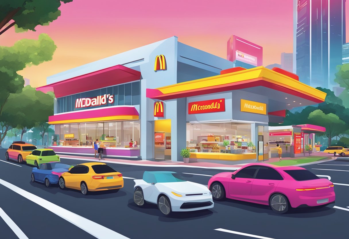Cars navigating colorful McDonald's drive-thru in bustling Singapore. Bright signage and sleek architecture create a vibrant and modern scene