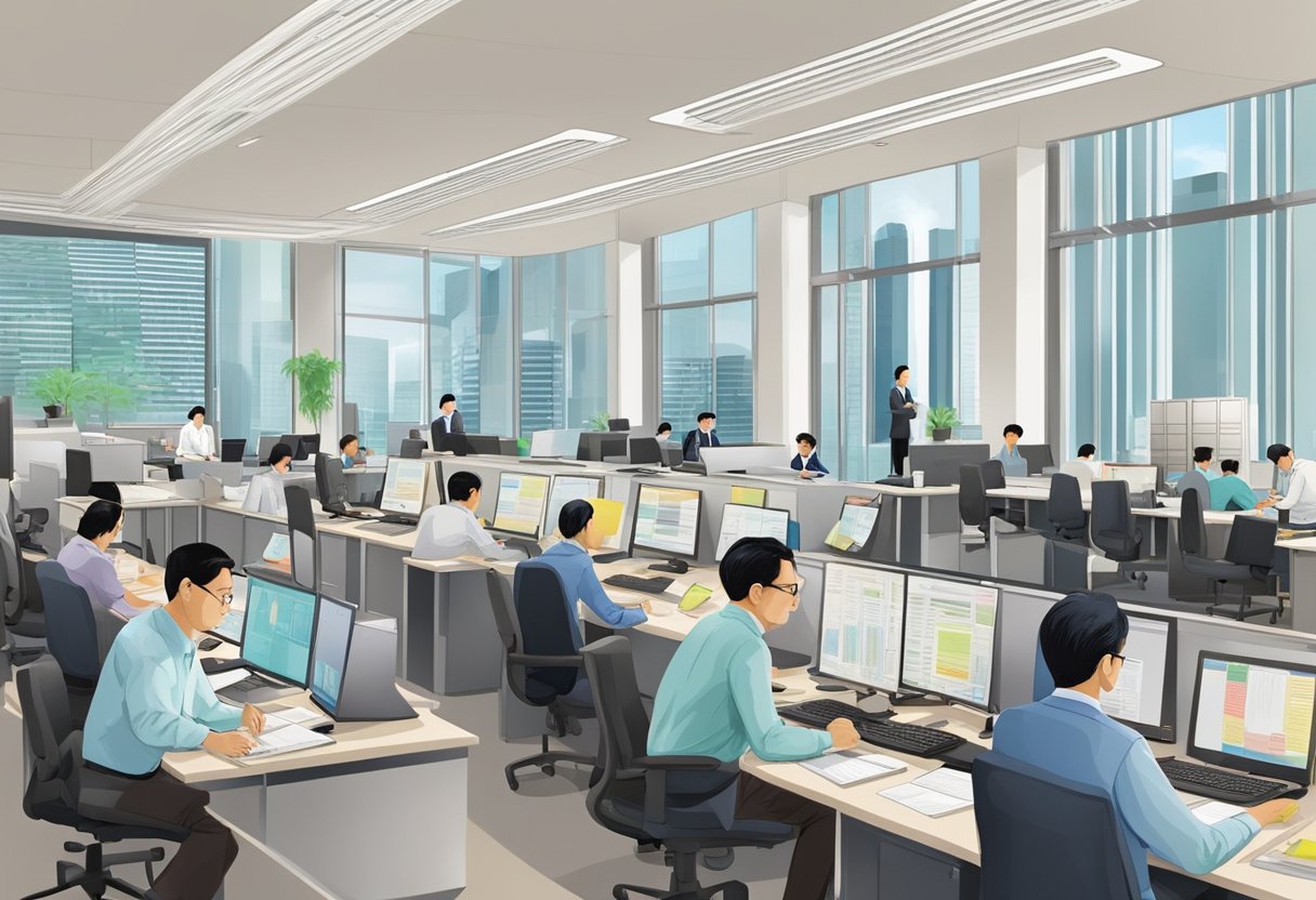 The scene depicts the bustling office of the Ministry of Finance in Singapore, with officials discussing and implementing fiscal policies and initiatives