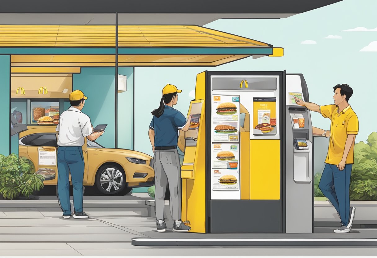 Customers order at McDonald's drive-thru in Singapore. Menu displayed, car at intercom, employee taking order