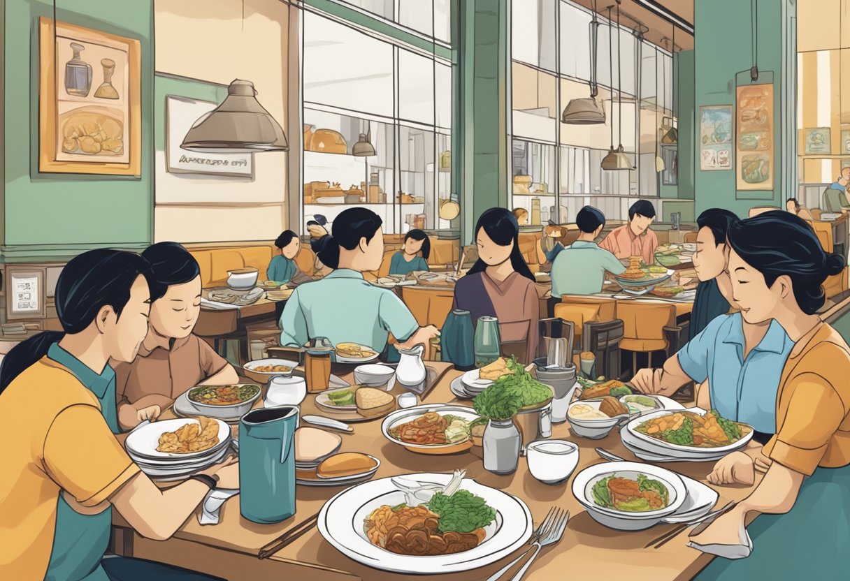 A table set with various dishes and utensils at a bustling Singaporean restaurant, with a sign reading "Frequently Asked Questions dinner."