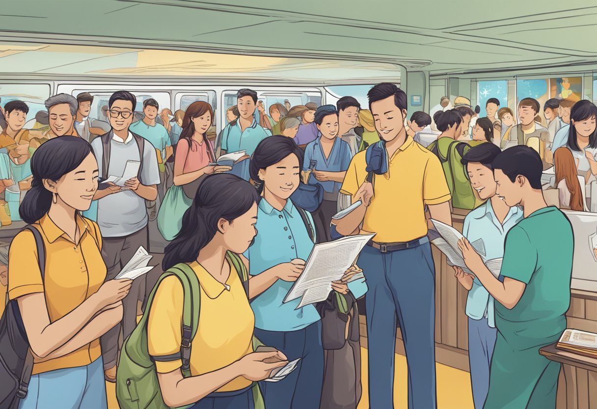 Passengers gather around a kiosk, eagerly reading and asking questions about the "Frequently Asked Questions" brochure for the cruise to nowhere in Singapore