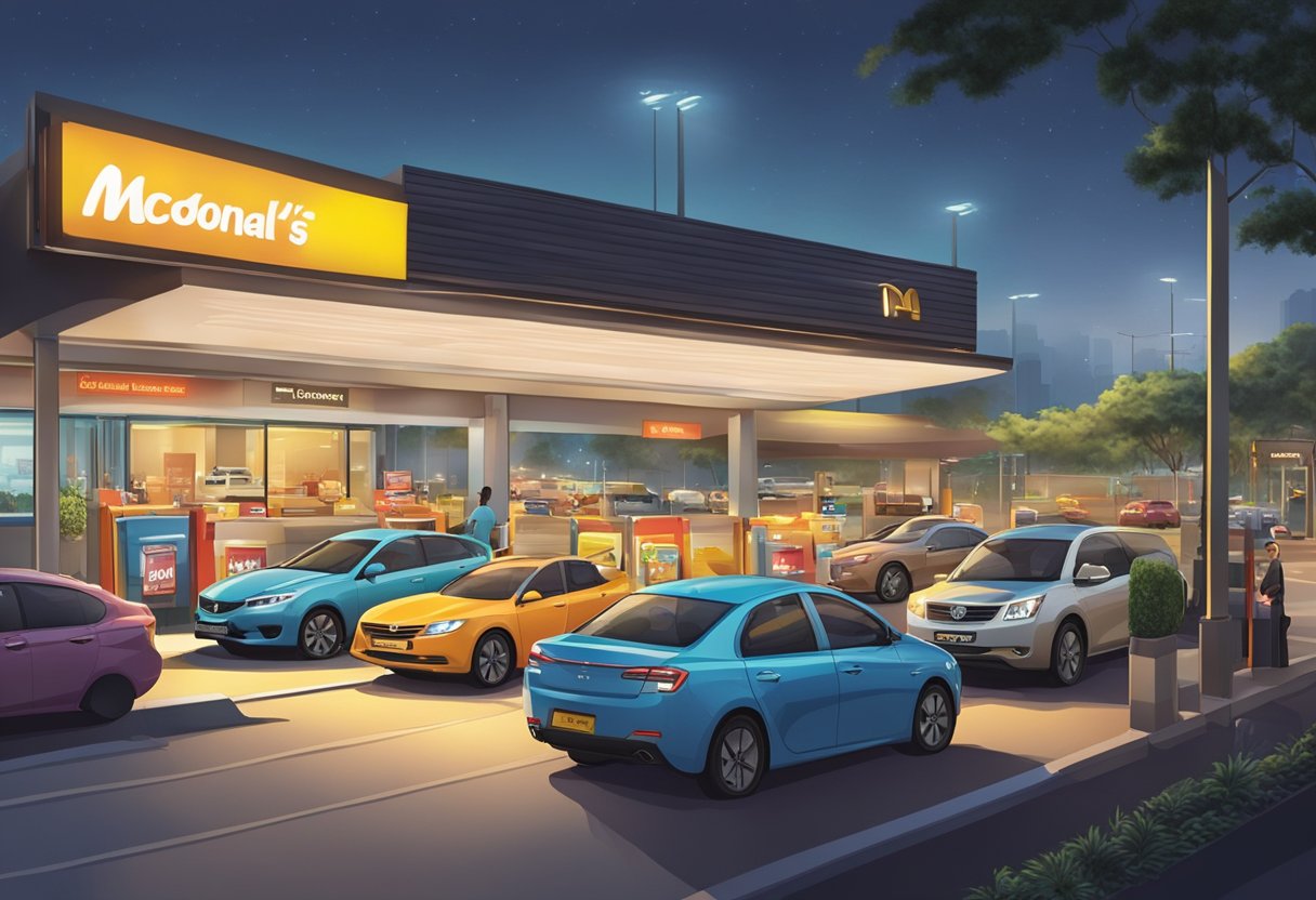 Cars queue at McDonald's drive-thru in Singapore. Signage displays "Frequently Asked Questions" for customers. Bright lights illuminate the scene