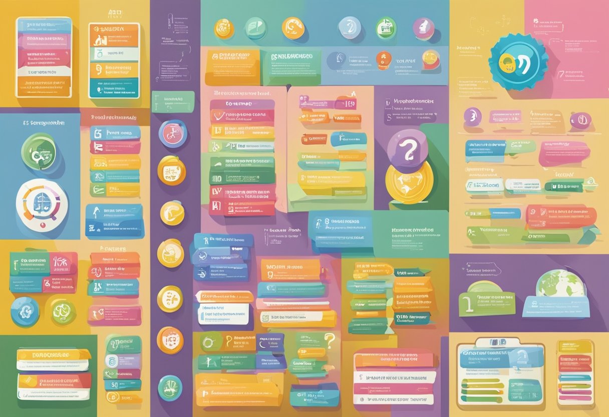 A colorful display of "Frequently Asked Questions" signs at motherswork Singapore, with various symbols and text, organized and easy to read