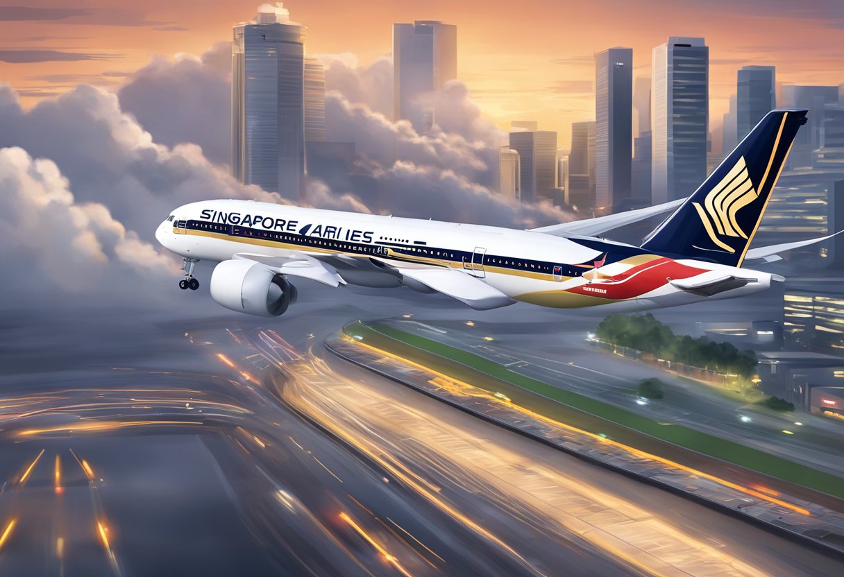 The Singapore Airlines plane, with its iconic red and white livery, is seen descending rapidly towards the runway, surrounded by emergency vehicles and flashing lights