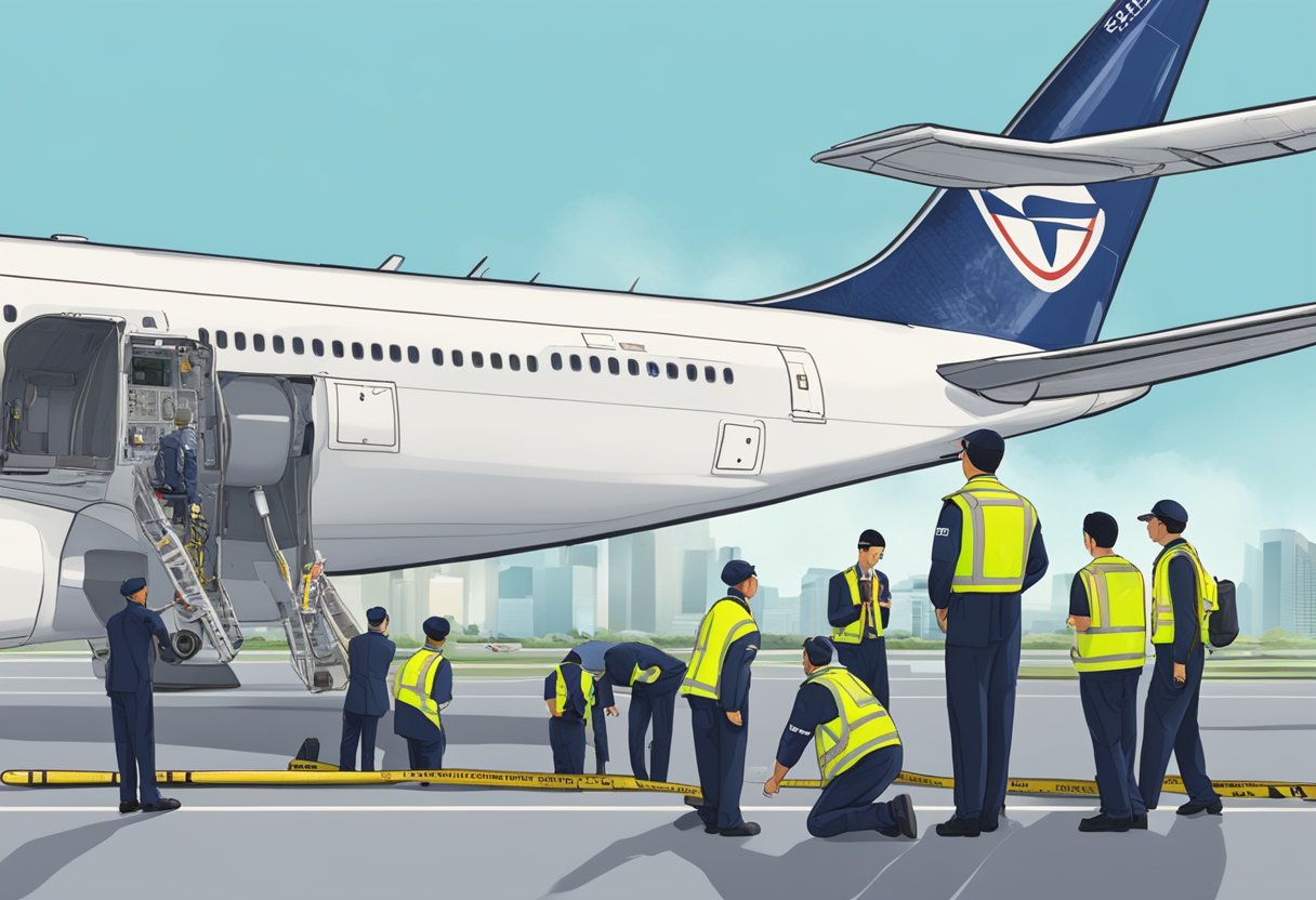 Investigators inspecting a grounded Singapore plane with safety measures in place