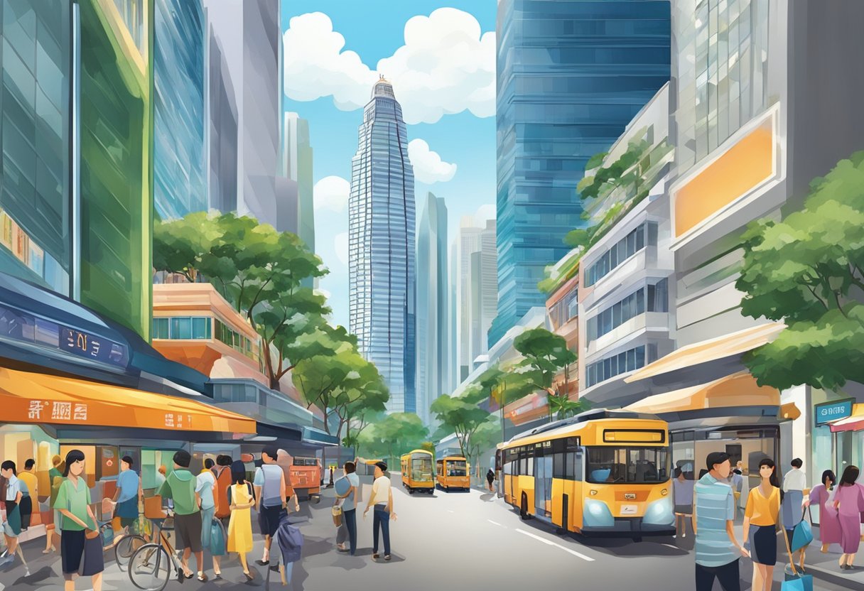 The bustling streets of Nesuto Singapore, with vibrant shopfronts and bustling crowds, set against a backdrop of modern skyscrapers
