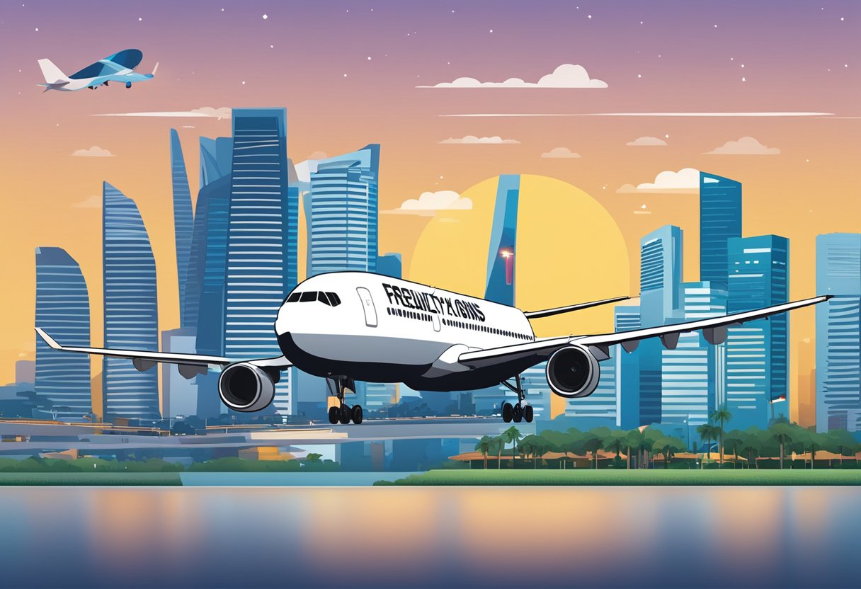 A plane flying over the iconic skyline of Singapore, with the words "Frequently Asked Questions" displayed prominently on the aircraft