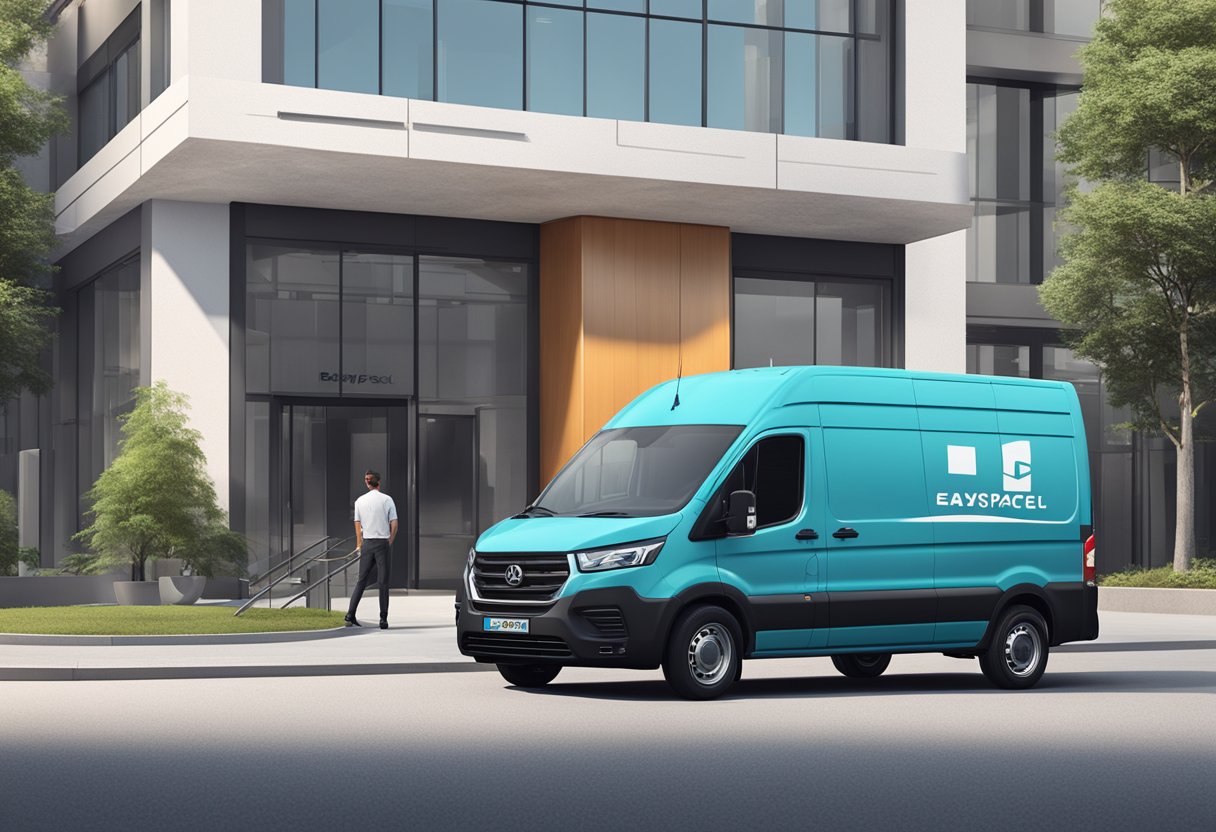A delivery van parked in front of a modern office building with the EasyParcel logo displayed prominently on the side