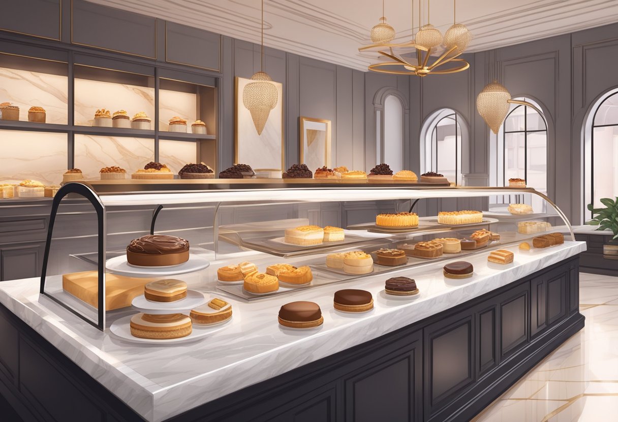 A cozy patisserie with elegant pastries and desserts displayed on marble countertops, surrounded by minimalist decor and soft, warm lighting