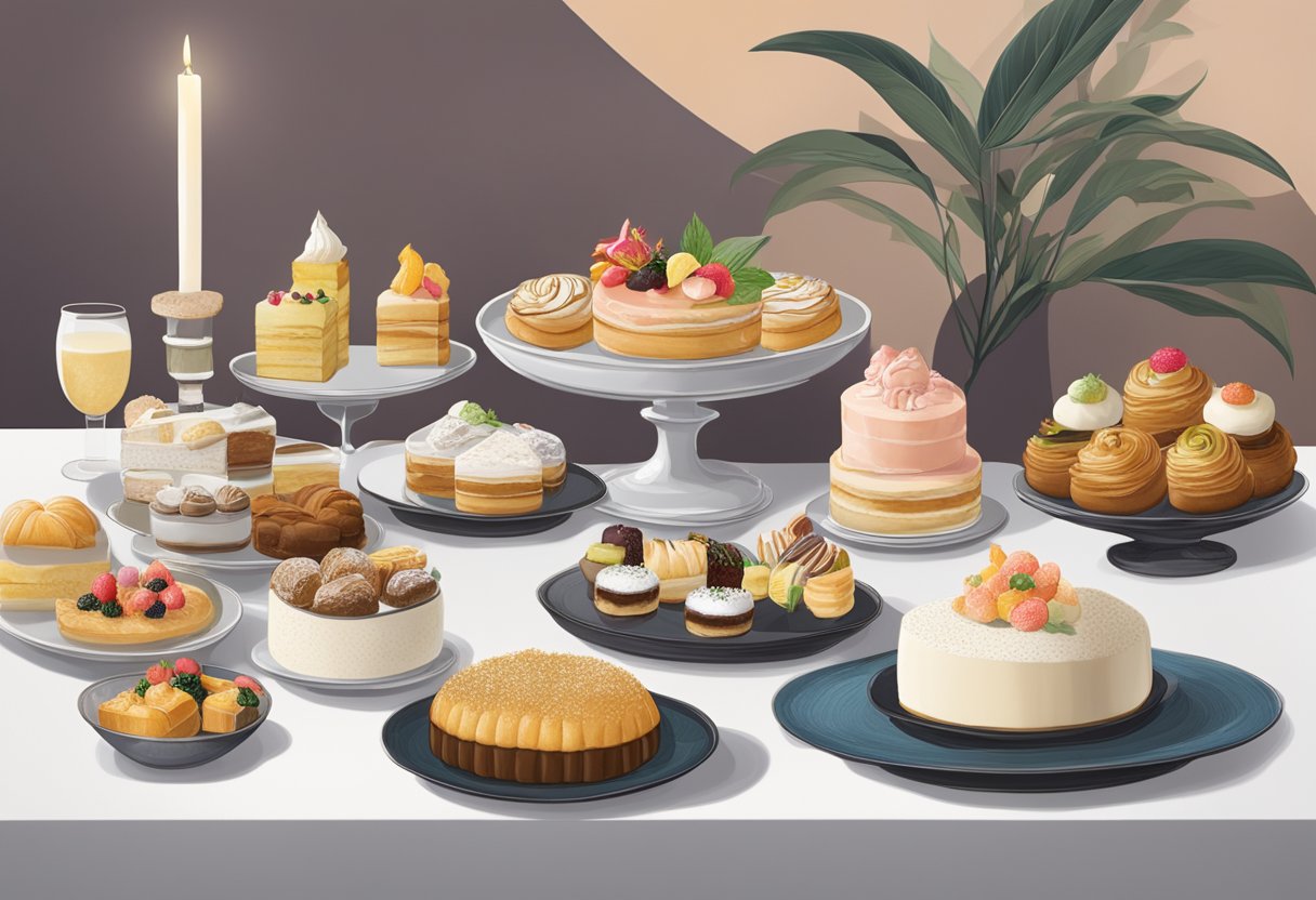 A table adorned with elegant pastries and desserts, accompanied by a menu showcasing Nesuto Singapore's signature offerings and highlights