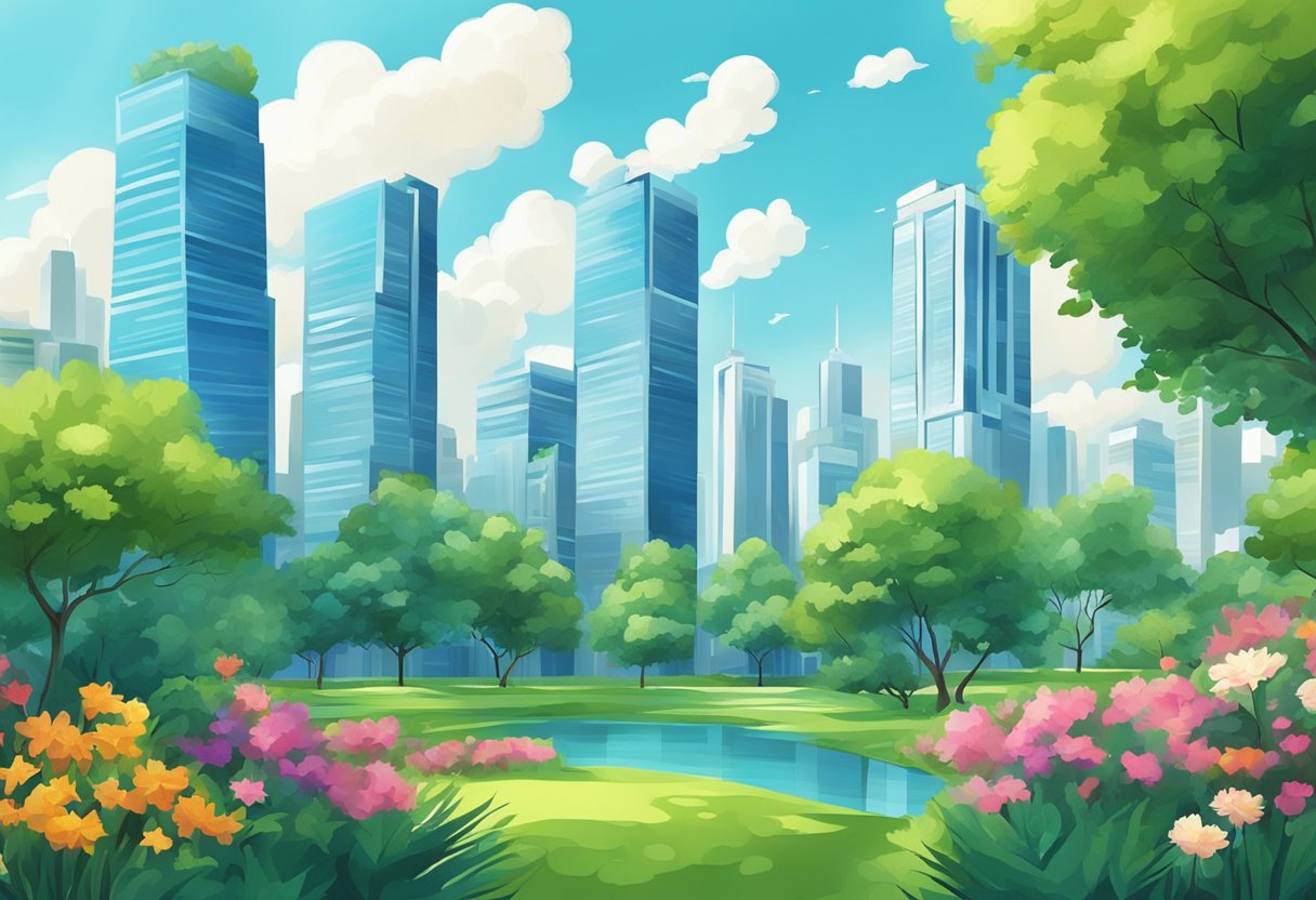 A vibrant cityscape with modern skyscrapers and lush greenery, set against a clear blue sky with a few fluffy white clouds
