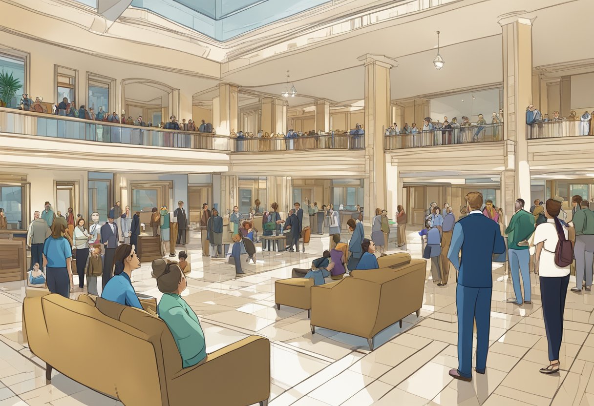 A bustling hotel lobby with a prominent "Frequently Asked Questions" sign in the foreground, surrounded by guests and staff in conversation