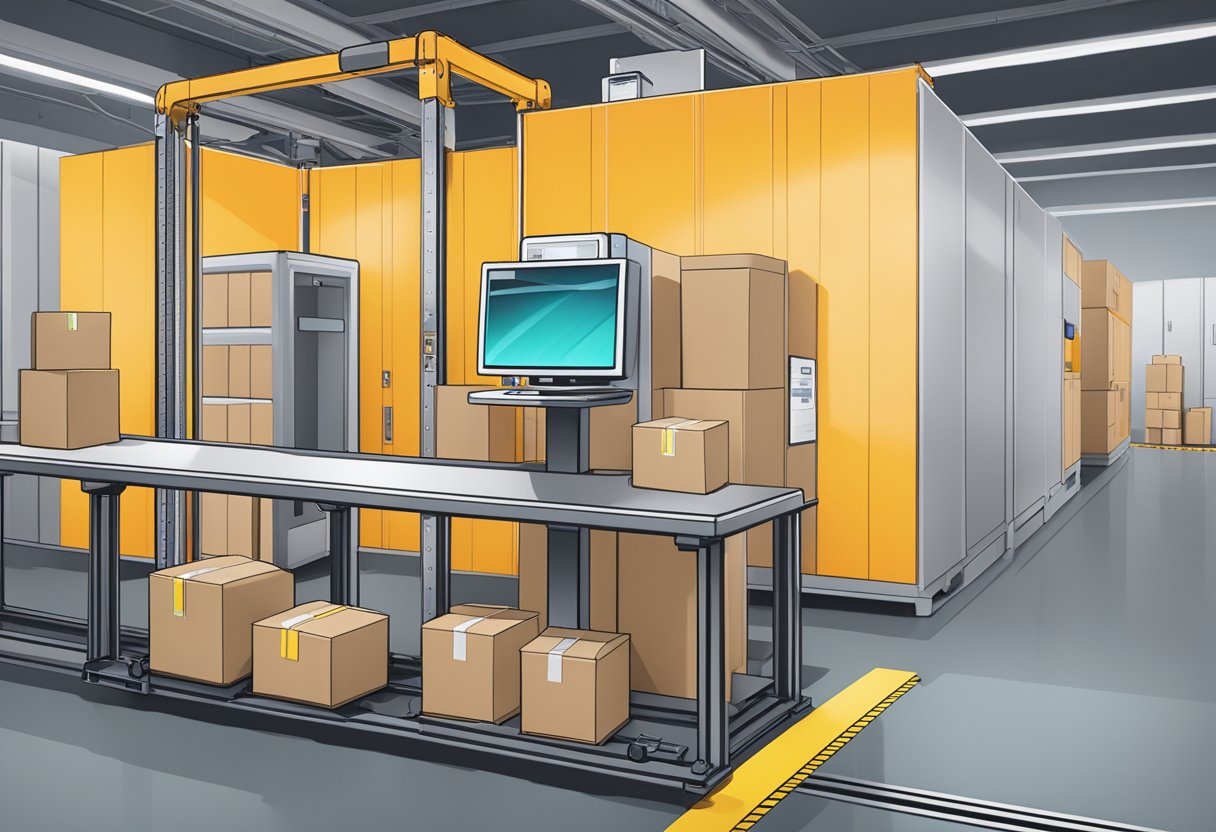 An animated package being scanned by a high-tech device at the EasyParcel Singapore facility