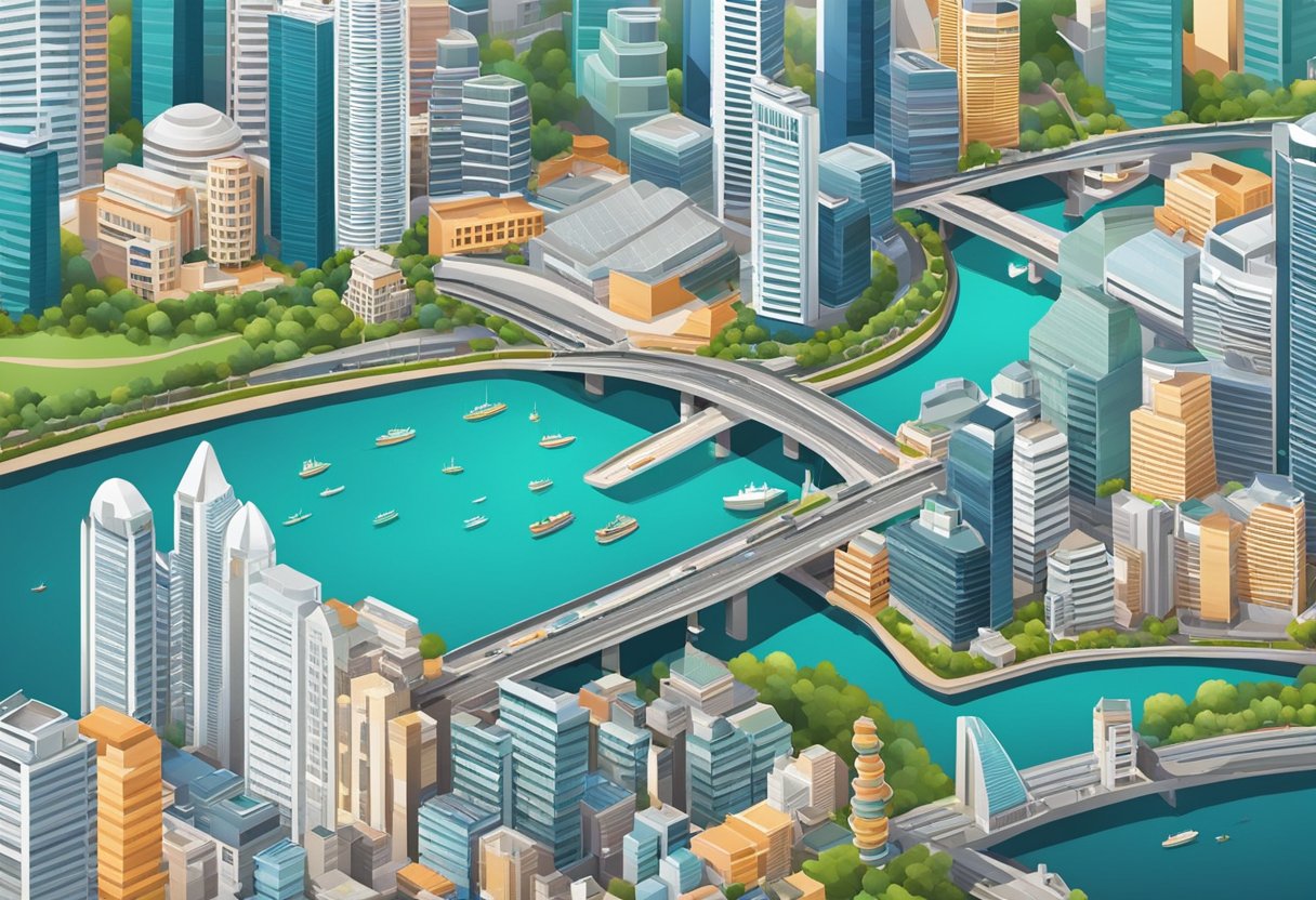 A vibrant cityscape of Singapore with iconic landmarks and bustling streets captured from a high angle