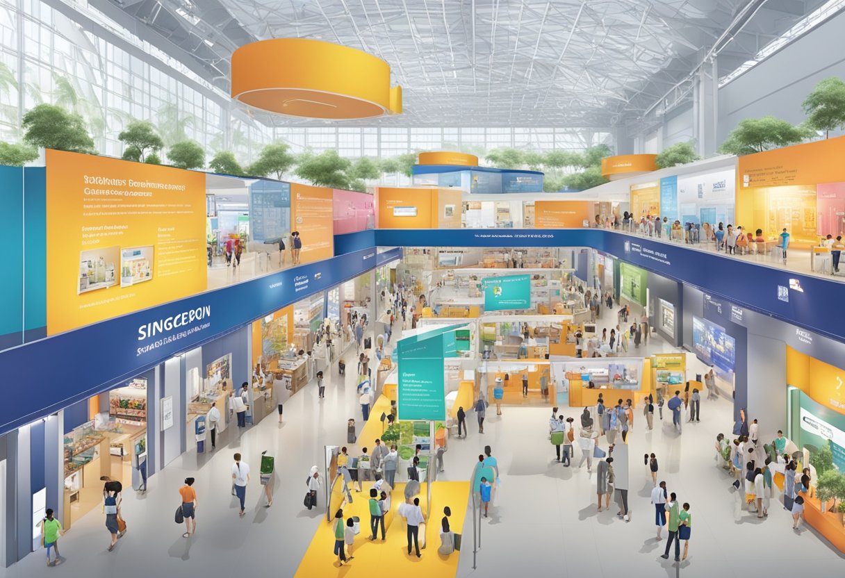 A bustling expo hall at Singapore Expo, with colorful booths and signage, showcasing visitor information and services