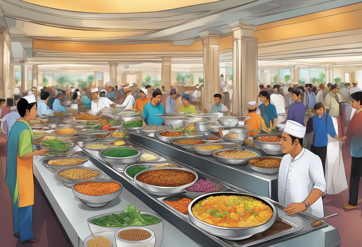 A bustling halal hotel buffet in Singapore, filled with colorful dishes and aromatic spices, with diners sampling various cuisines