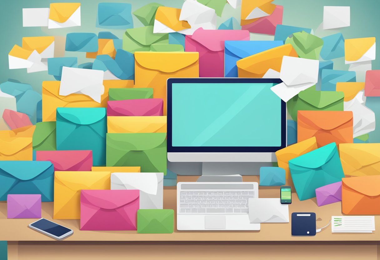 A stack of colorful envelopes and parcels with "Frequently Asked Questions" printed on them, surrounded by a computer, phone, and customer service icons