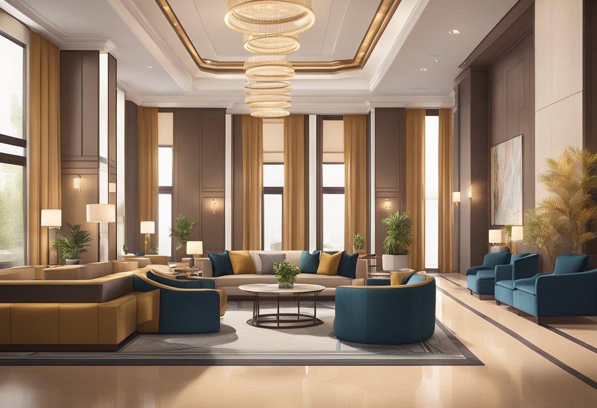 A luxurious lobby with modern furnishings and a warm color palette, featuring a concierge desk and comfortable seating areas