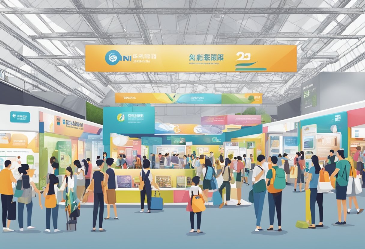 A bustling expo at Singapore Expo with visitors exploring and interacting with various booths and displays