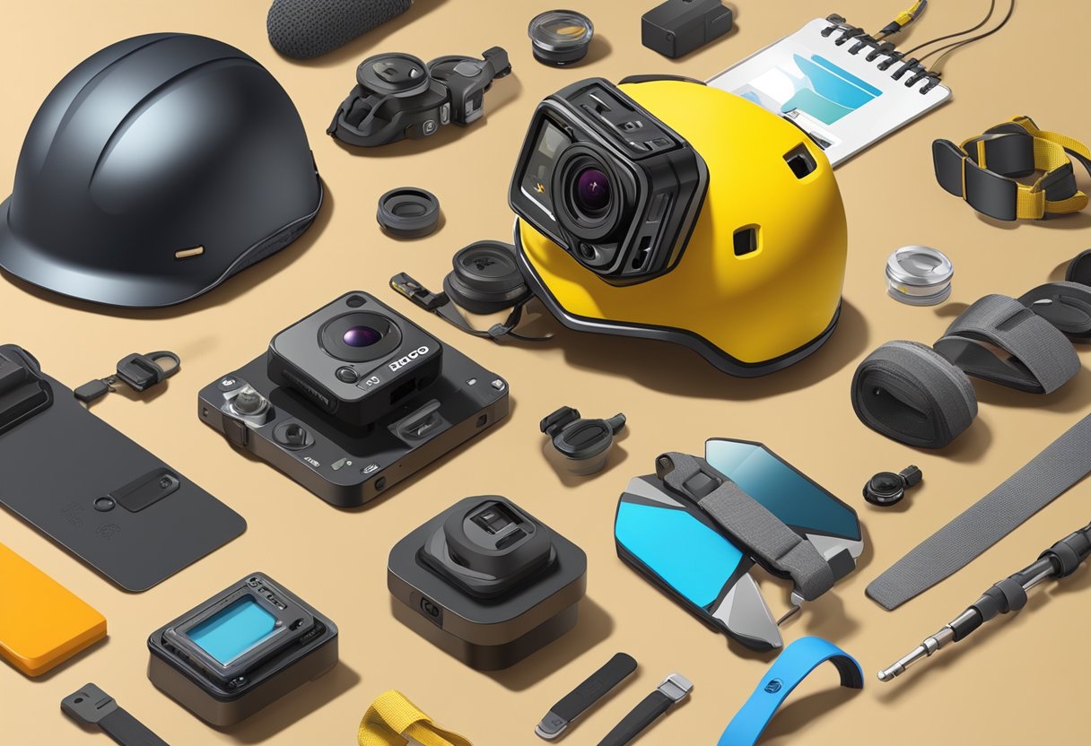 A GoPro camera mounted on a helmet, with various accessories displayed on a table