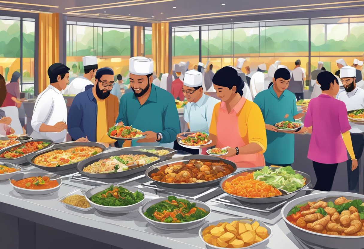 Customers sampling various halal dishes at a bustling hotel buffet in Singapore. Colorful food displays and a vibrant atmosphere