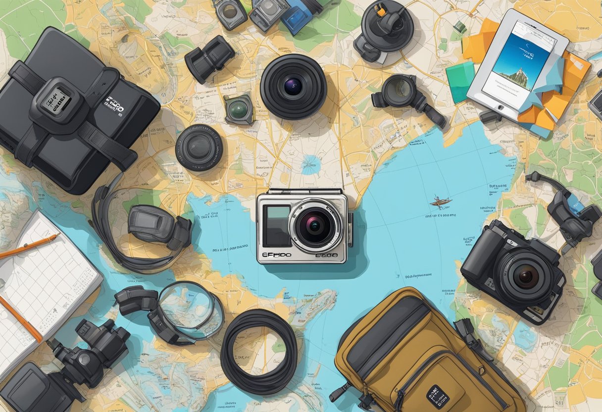 A GoPro camera surrounded by various adventure gear and a map of Singapore