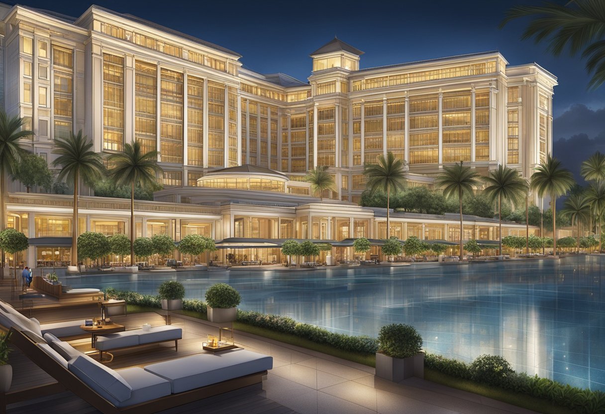 The scene depicts the luxurious Fullerton Bay Hotel in Singapore, showcasing its elegant accommodation and amenities, including the stunning waterfront views, stylish interior design, and top-notch facilities