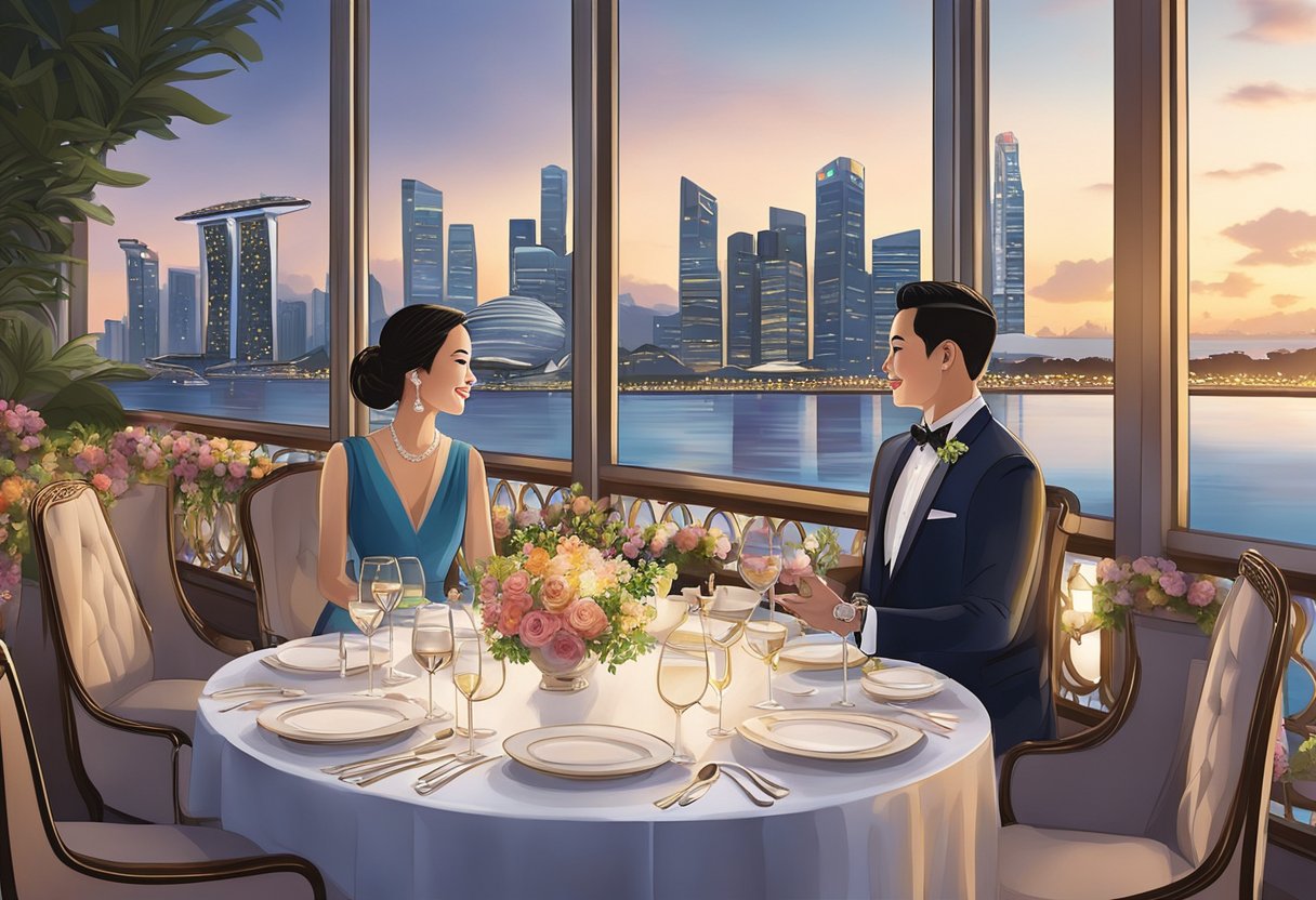 Guests enjoy a lavish meal with a stunning view of the Singapore skyline at the Fullerton Bay Hotel. The elegant dining room is filled with laughter and the soft glow of ambient lighting
