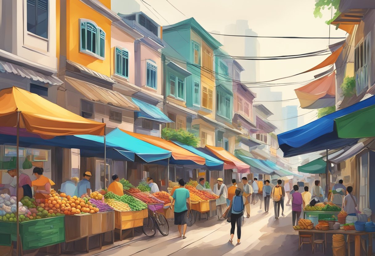 A bustling street in Nouri, Singapore, with colorful buildings and vibrant street vendors