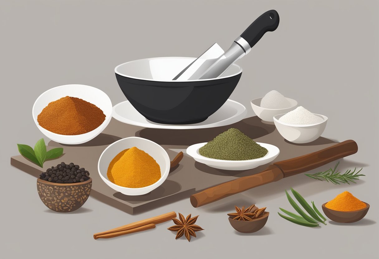 A table set with elegant, minimalist dinnerware. A chef's knife, a mortar and pestle, and a selection of exotic spices arranged neatly on the countertop