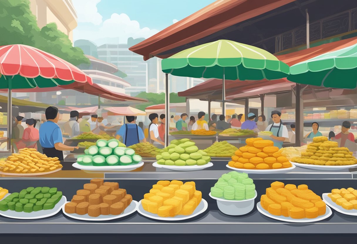 A colorful array of Malay kueh displayed at a bustling Singapore hawker center, with iconic landmarks in the background