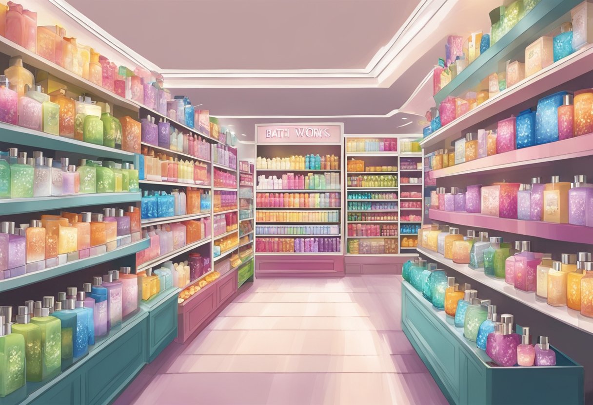 A bustling Bath and Body Works store in Singapore, with colorful displays of fragrant candles, lotions, and soaps. Shoppers browse the shelves, while the scent of various products fills the air