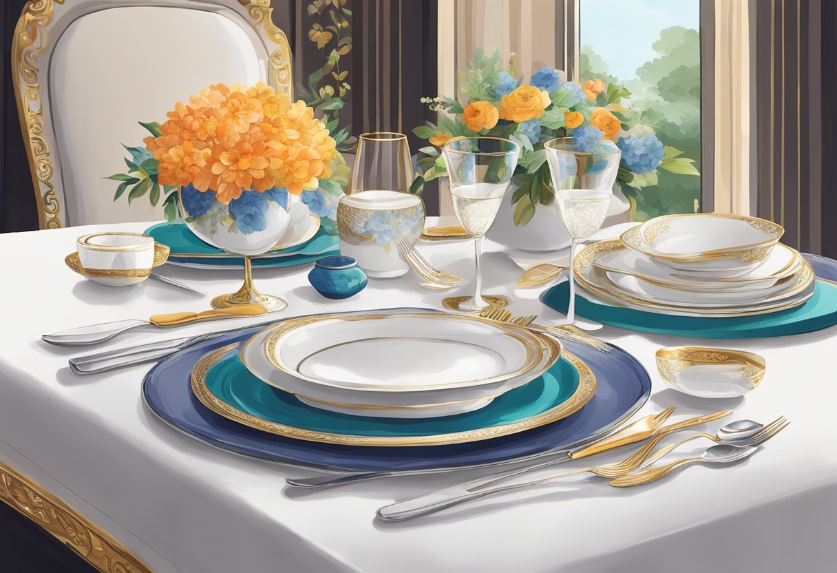 A beautifully set table at Nouri Singapore, with elegant cutlery, fine china, and a vibrant floral centerpiece, creating a luxurious dining experience