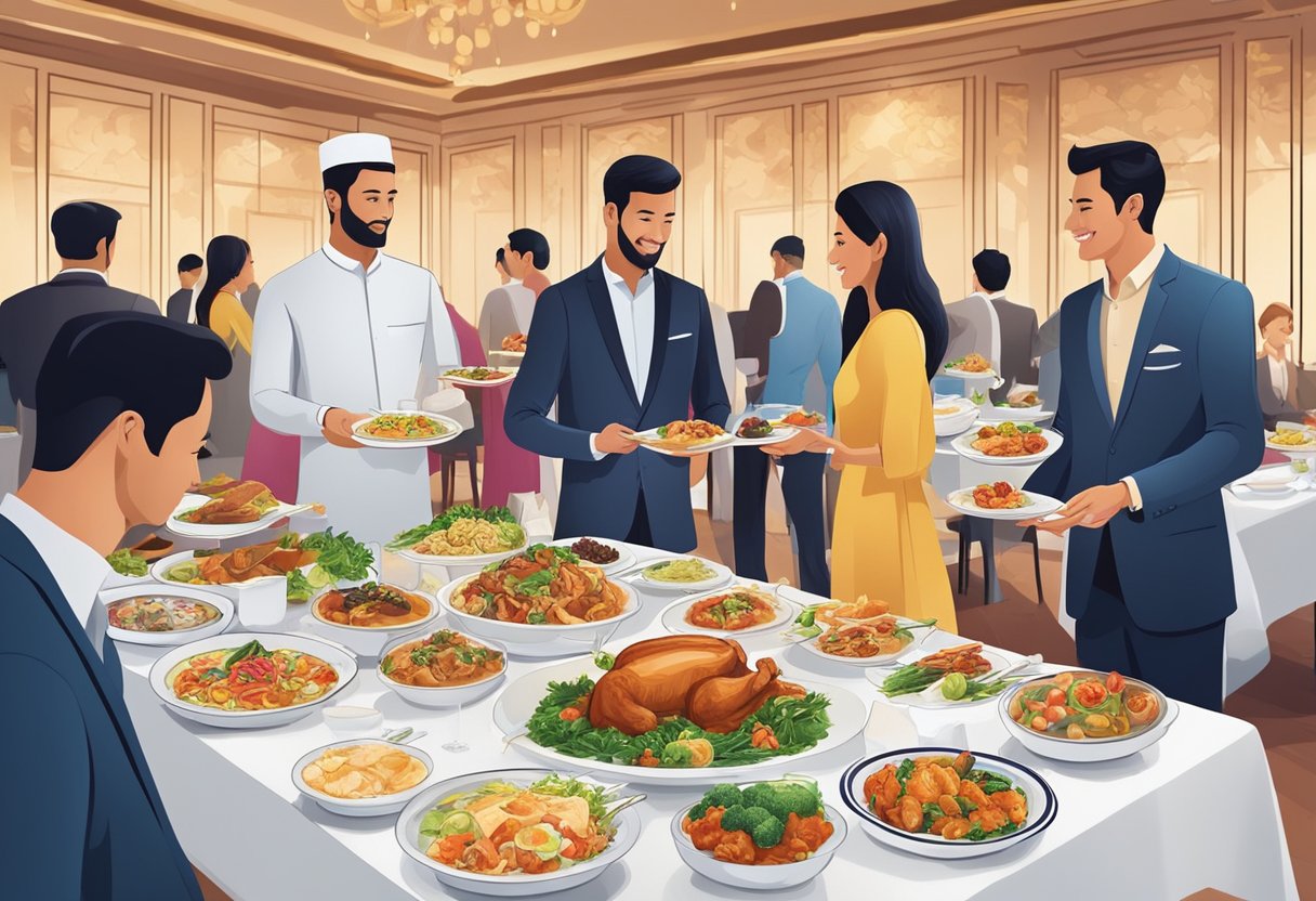 Guests enjoying a variety of halal dishes at a luxurious hotel buffet in Singapore, with elegant table settings and a vibrant atmosphere