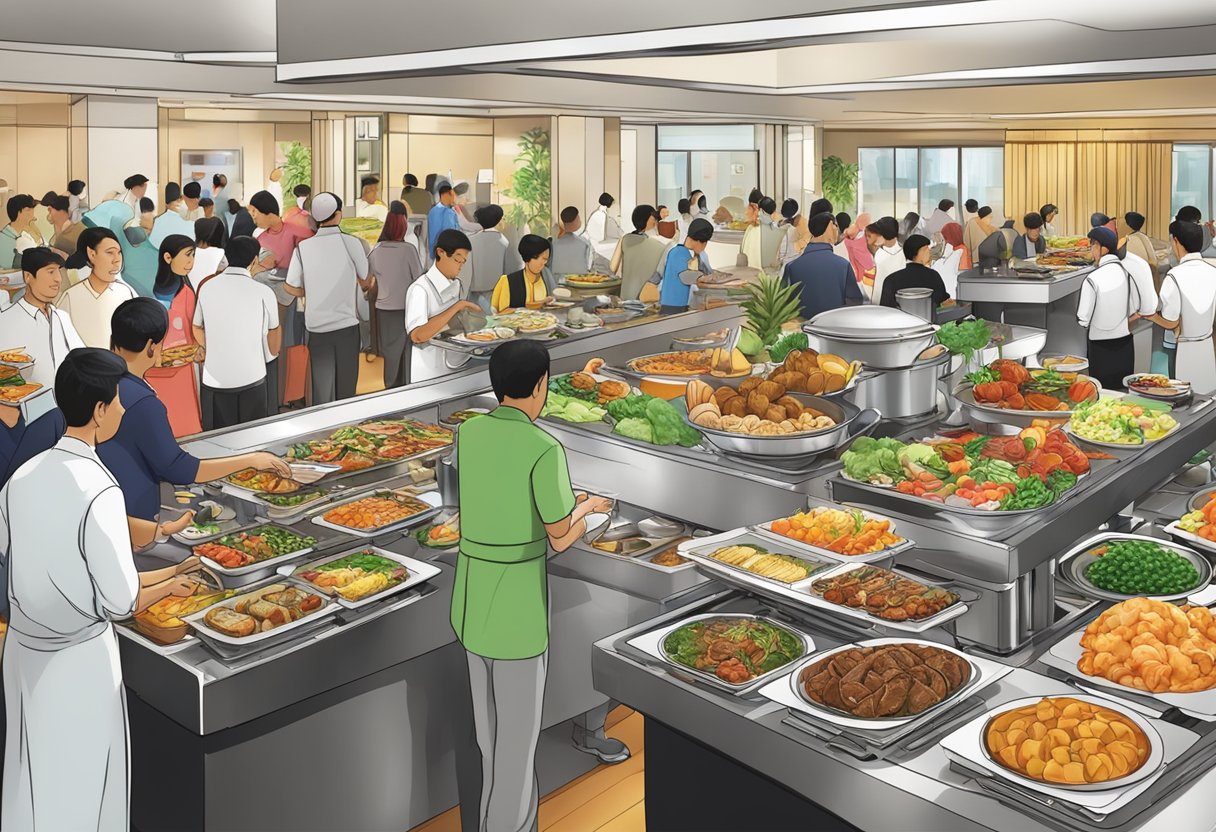 A bustling hotel buffet in Singapore, featuring a variety of halal dishes and a crowd of diners enjoying the spread