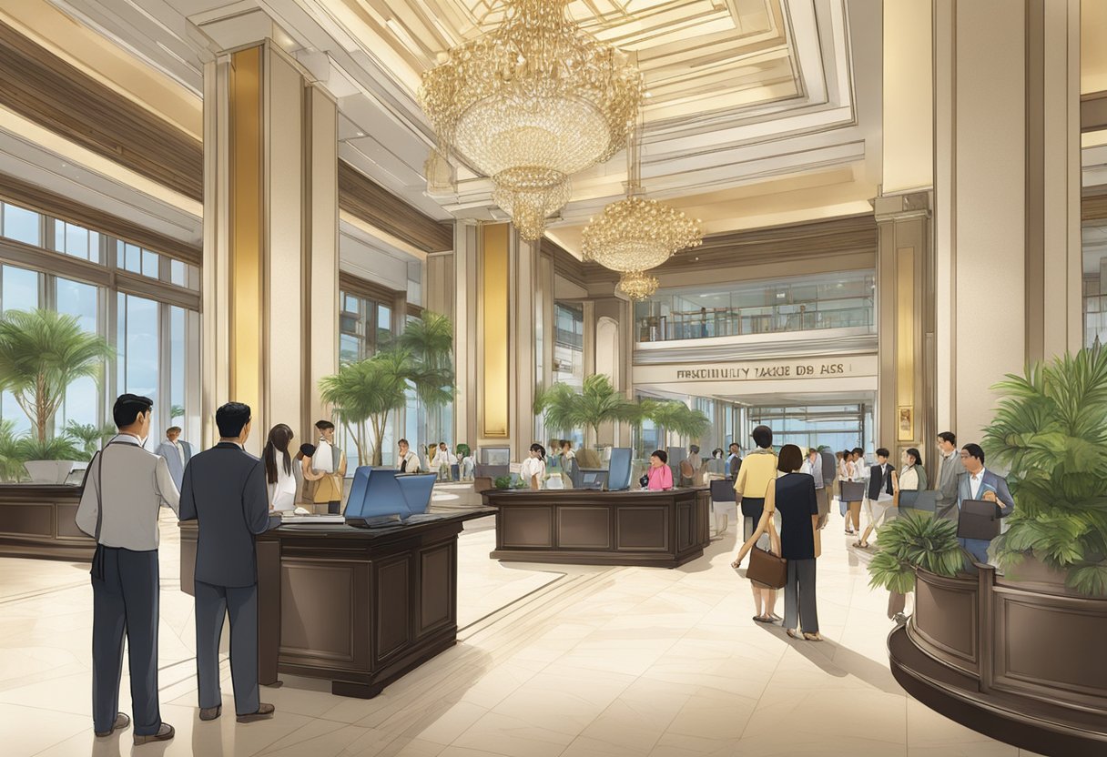 The lobby of Fullerton Bay Hotel, Singapore, bustling with guests seeking information. A concierge desk with a sign "Frequently Asked Questions" prominently displayed