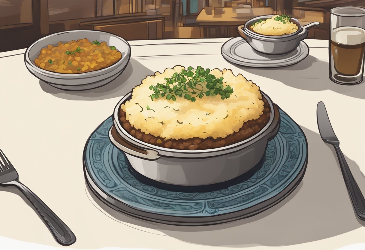 A plate of Shepherd's Pie sits on a table in a bustling Singaporean restaurant, steam rising from the golden mashed potato topping. A fork hovers over the dish, ready to dig in