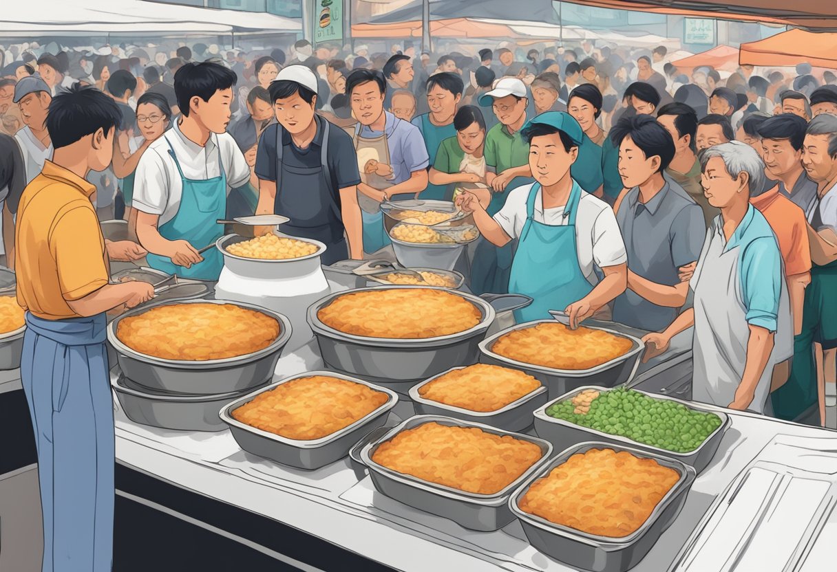 A steaming shepherd's pie surrounded by curious onlookers in a bustling Singaporean food market
