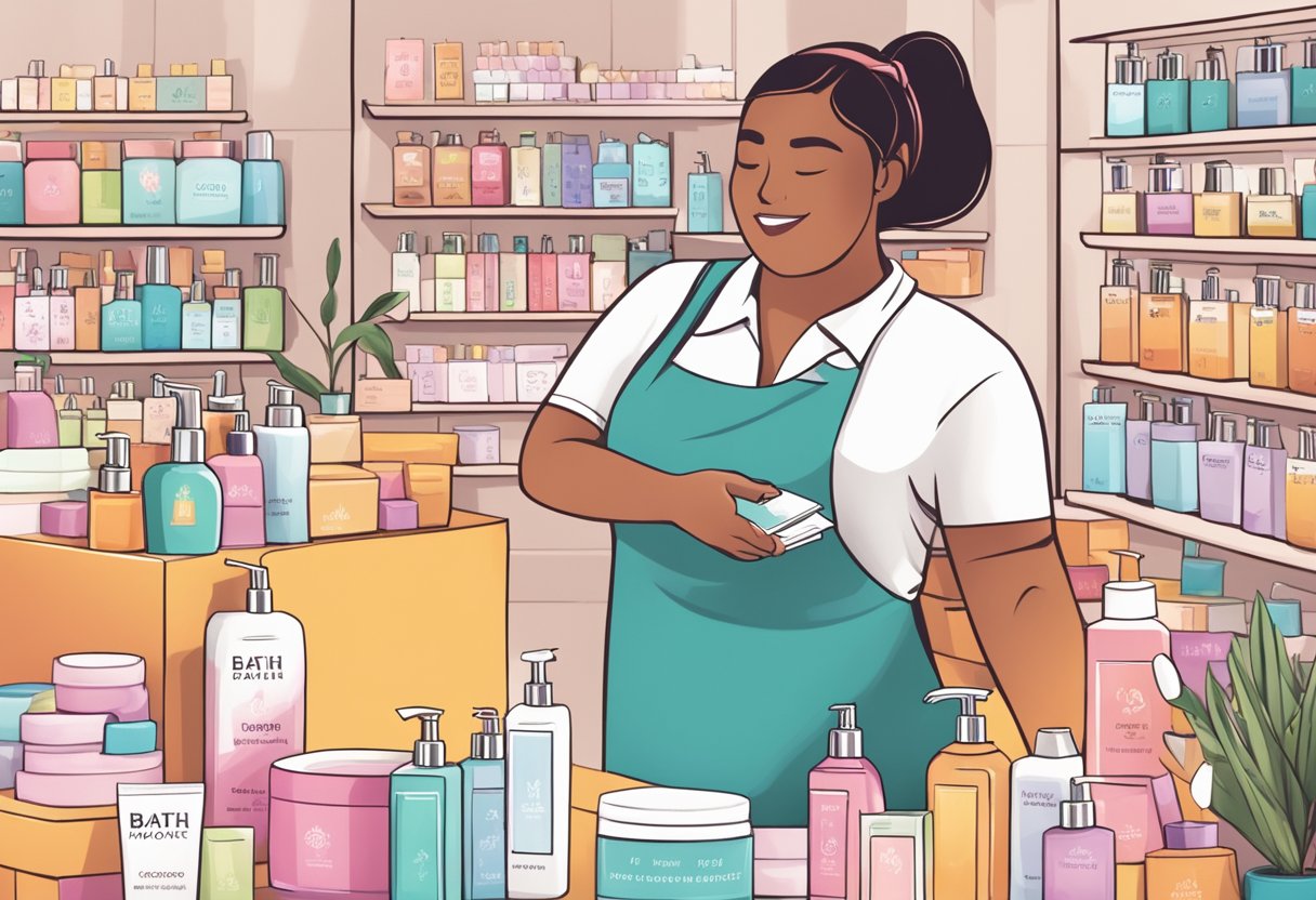 A stack of FAQ cards with Bath and Body Works logo, surrounded by various scented products and a customer service representative