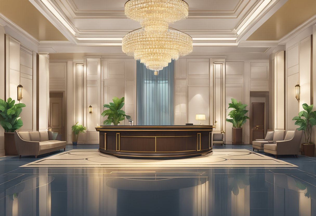 A luxurious hotel lobby with modern furnishings, a grand chandelier, and a reception desk with friendly staff