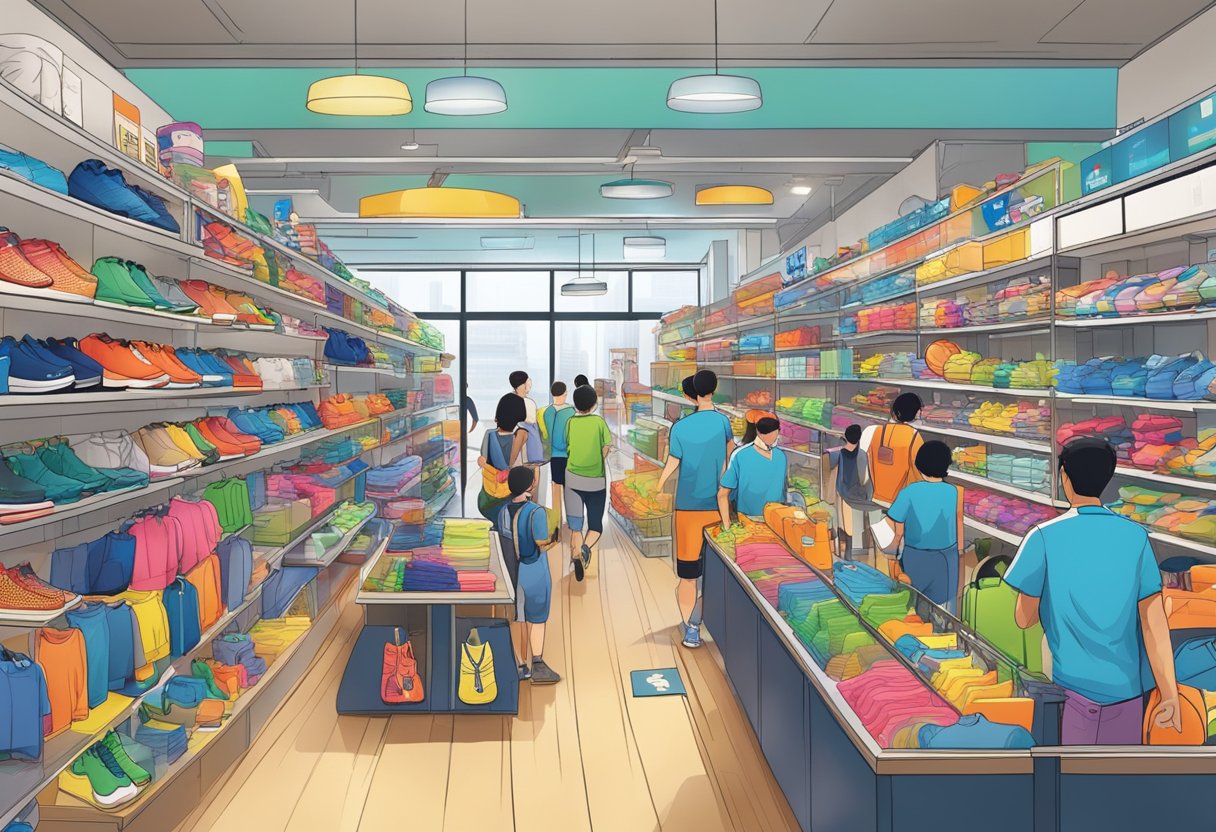 A bustling store with colorful sports equipment and apparel, customers browsing shelves, and staff assisting at Rodalink Singapore