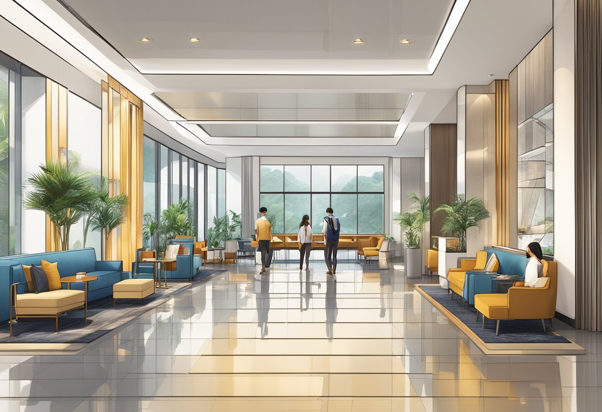 Guests wander through the sleek lobby of Hotel G Singapore, admiring the modern decor and vibrant atmosphere. The open layout and stylish furnishings create a welcoming and trendy ambiance