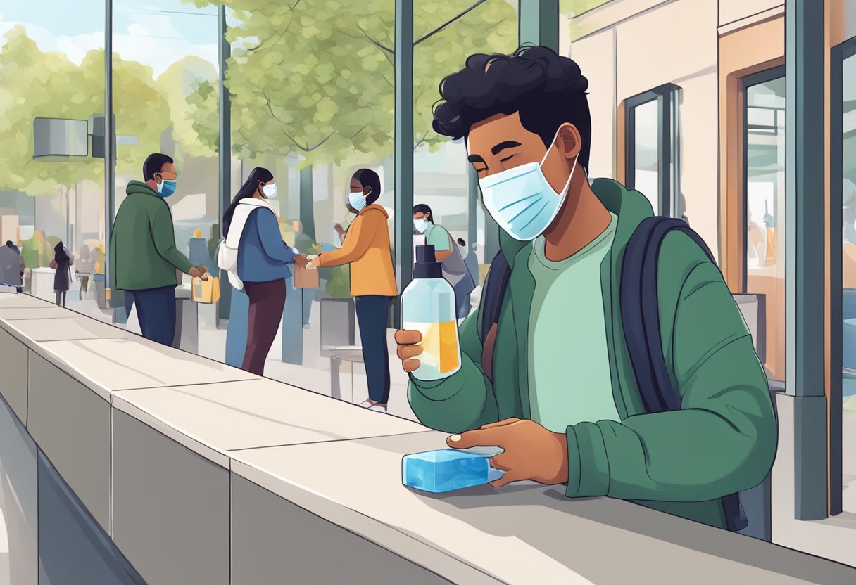 A person wearing a face mask and using hand sanitizer while maintaining social distance in a public space
