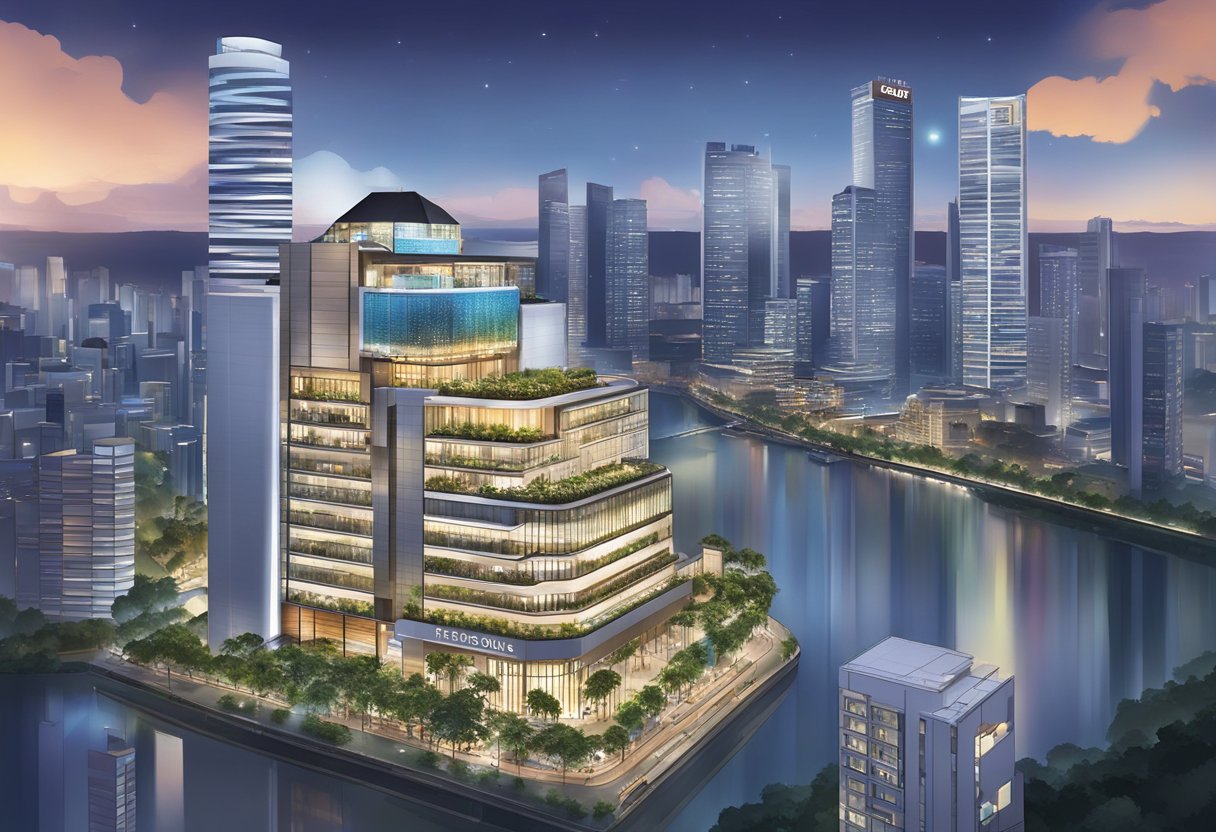 The hotel G Singapore stands tall amidst a bustling cityscape, with modern architecture and vibrant lights illuminating the surrounding attractions