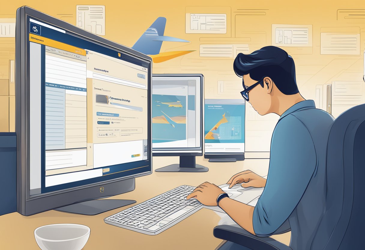 A customer browsing through a digital FAQ page on a computer screen, with the Singapore Airlines logo prominently displayed