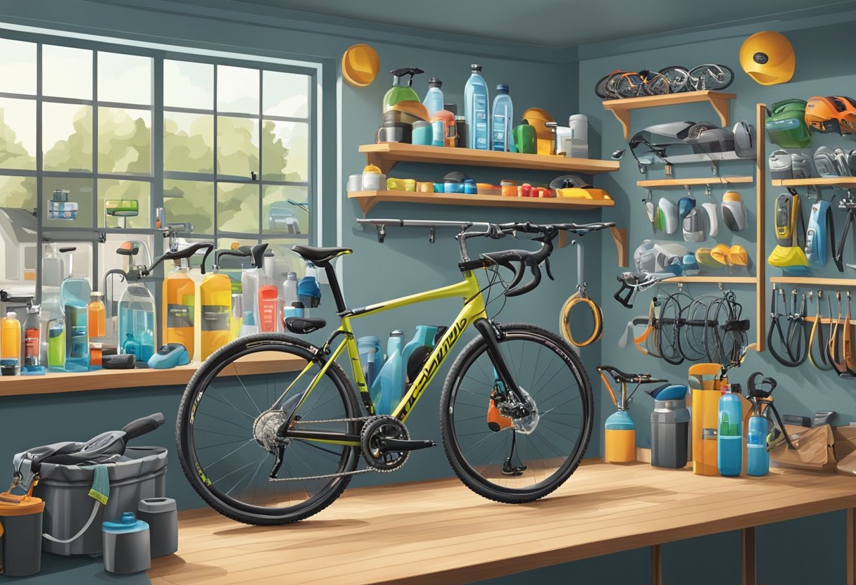 A bike shop display showcases cycling essentials and accessories in a well-lit, organized setting. Bicycles, helmets, water bottles, and tools are prominently featured
