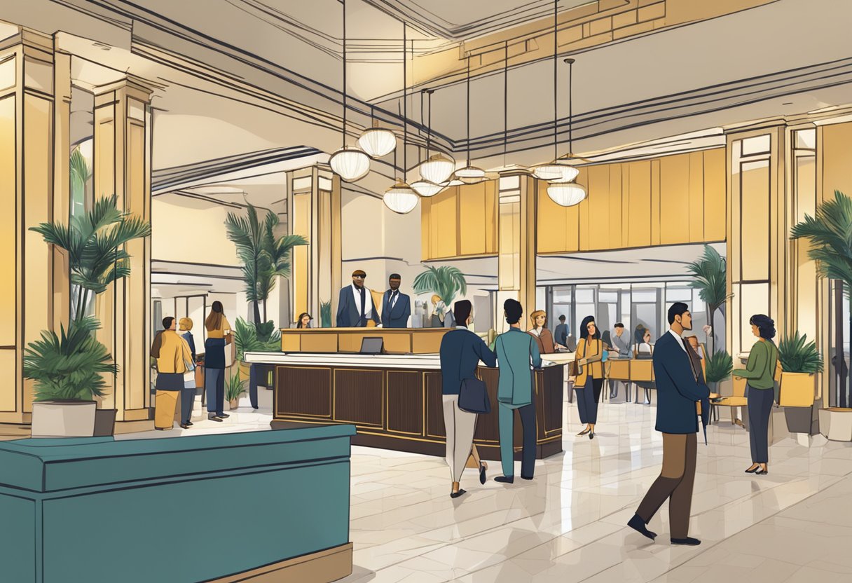 The hotel lobby bustles with guests. A sign reads "Frequently Asked Questions" in bold letters. The concierge desk is busy