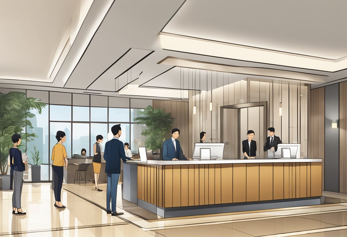 The lobby of Hotel G Singapore bustles with guests asking questions at the front desk. The modern decor and sleek design create a welcoming atmosphere
