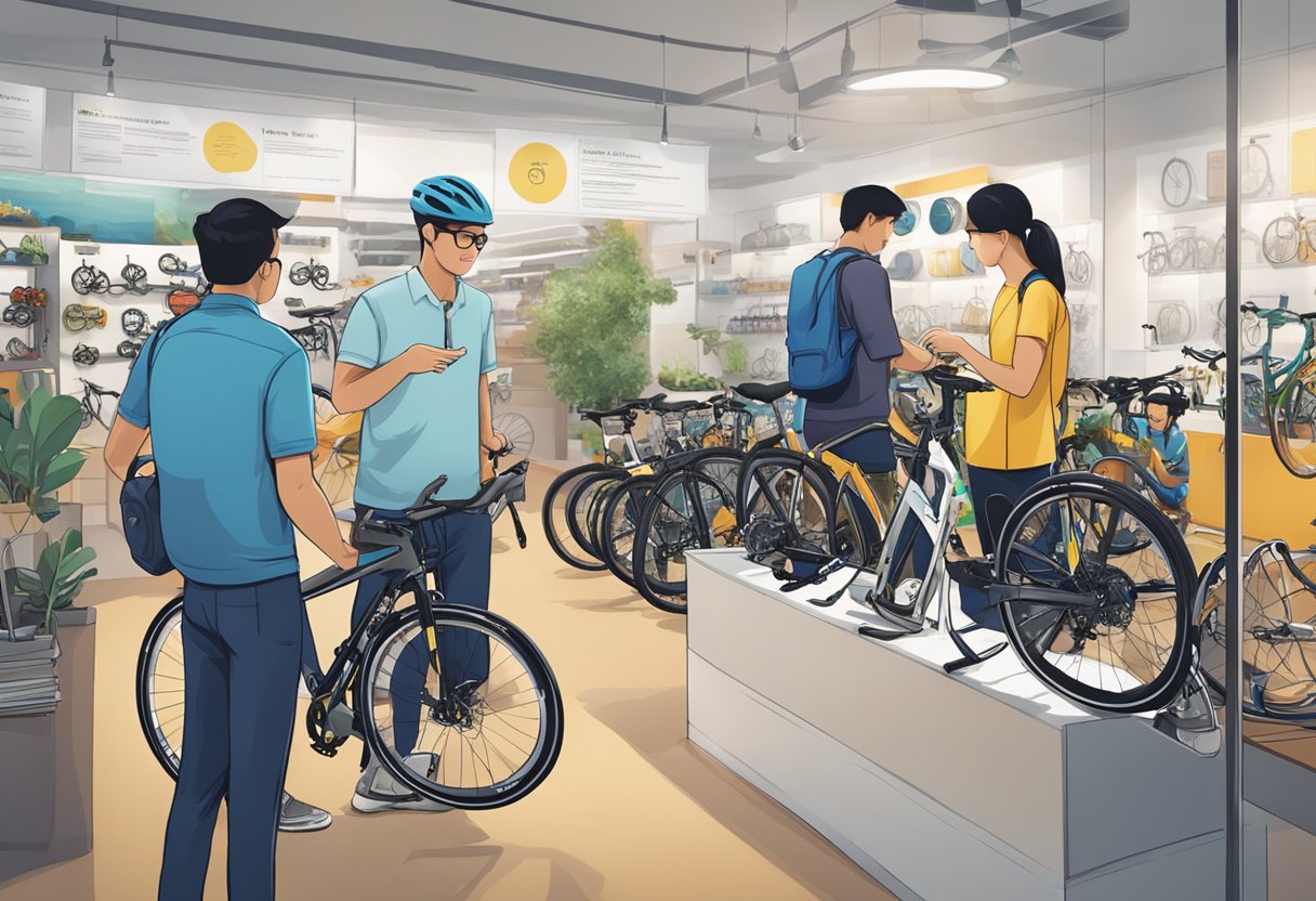 Customers browsing a display of bike accessories with a prominent "Frequently Asked Questions" sign at Rodalink Singapore
